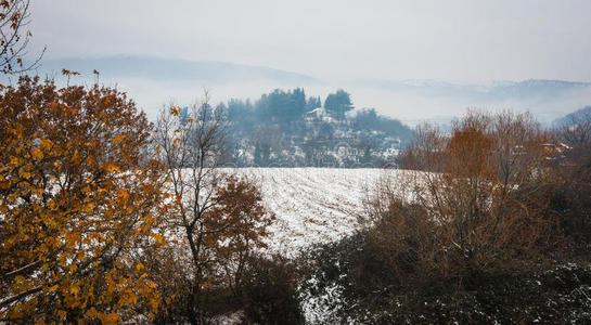 美丽的风景与小房子在山上，雪和雾