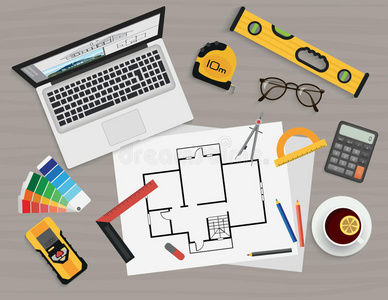 建筑师施工规划和创建过程与专业工具。
