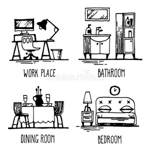 家具 吃饭 房子 椅子 涂鸦 绘画 活的 卧室 橱柜 插图