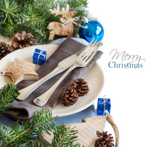 蓝色和棕色圣诞桌设置乡村装饰