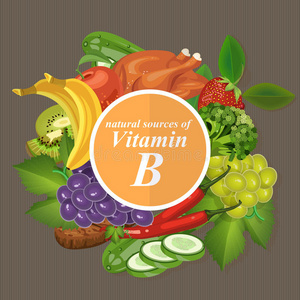 含有特定维生素的健康水果蔬菜肉类鱼类和乳制品。 维生素b。
