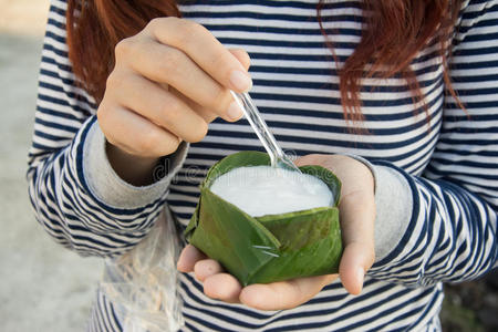 大米 自然 泰语 甜点 烹饪 甜的 泰国 食物 蒸的 糯的