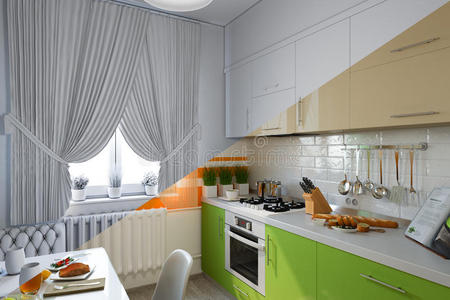 厨房设计的三维渲染在现代风格，图片的混合，没有纹理和材料和着色器