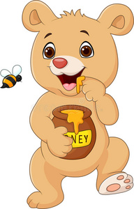 可爱的小熊抱着蜂蜜壶，隔离在白色的背景上