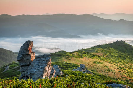 喀尔巴阡山脉。 雾在山上日出。