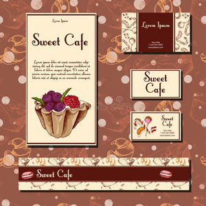 咖啡馆设计模板。 手绘甜点卡。 一组餐厅菜单模板，用于企业身份。