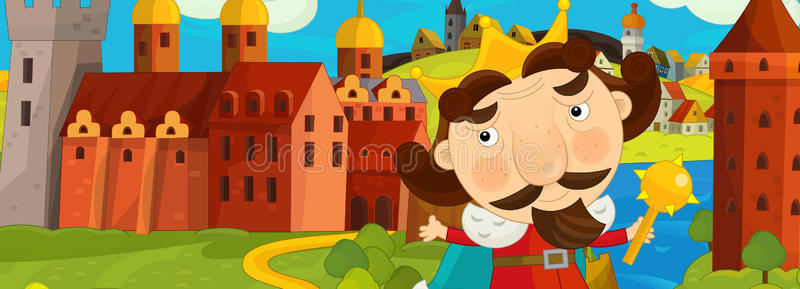 国王附近的一些美丽的彩虹瀑布和中世纪城堡-儿童插画卡通场景与年轻