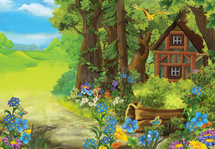 房子的卡通背景童话故事里的卡通场景童话里的城堡和美丽的公主森林里