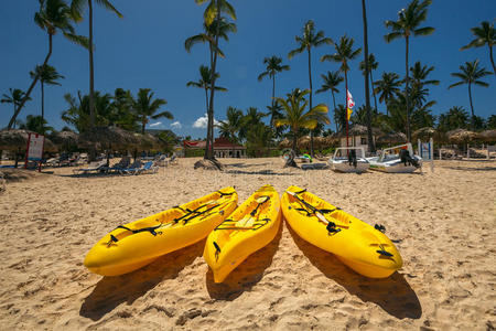 独木舟皮划艇在阳光明媚的热带海滩与棕榈树