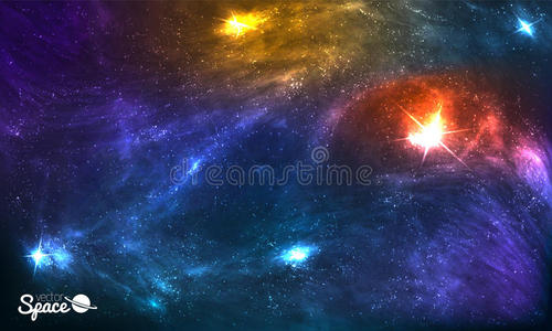 五颜六色的宇宙背景，闪烁的恒星，星尘和星云。 艺术作品矢量插图，传单