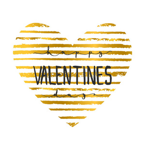 手刻书法派对排版海报快乐情人节在金色条纹的心背景上。