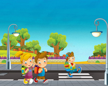 卡通场景,孩子们走在街上照片