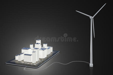 绿色能源概念与风车和三维建筑在数字上