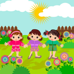 可爱的女孩朋友在和服卡通集照片