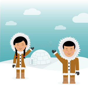 性格男性和女性Eskimos。 概念背景之旅格陵兰。 爱斯基摩人在冰屋附近友好的问候