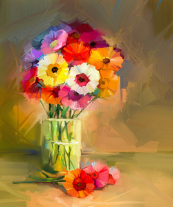 春花抽象油画. 黄色和红色非洲菊花的静物.照片