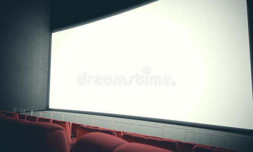 空电影院屏幕和红色座位。 用彩色过滤器。 三维渲染