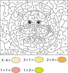 卡通猫。 儿童按数字教育游戏的颜色。 矢量一