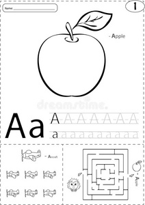 卡通苹果和飞机。 字母追踪工作表写作
