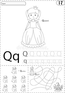 卡通女王和夸卡。 字母追踪工作表为孩子编写az和教育游戏