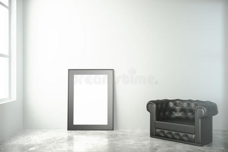 混凝土地板上的空白黑色画框与皮革椅子I
