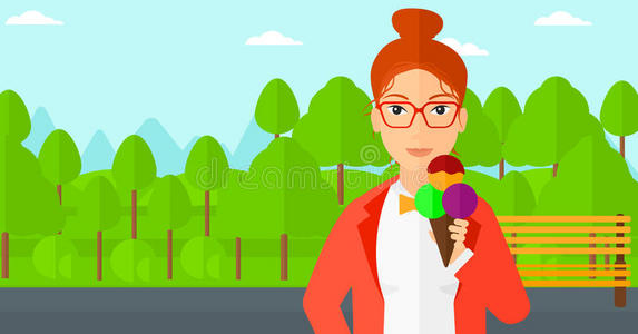 长凳 美食家 奶油 寒冷的 冰淇淋 卡通 女士 圆锥体 森林