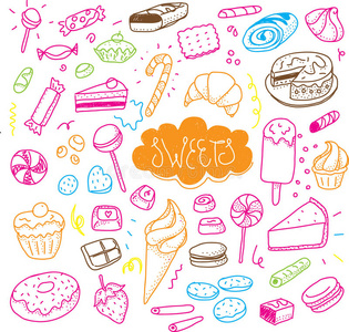 手绘糖果和糖果套装。 矢量涂鸦。 白色背景上的孤立食物。