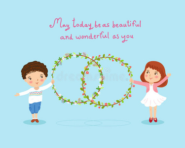 男孩和女孩带花圈可爱的卡片插图