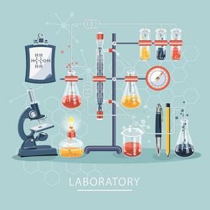 化学和科学信息图。 科学实验室。 生物和医学研究海报的化学图标背景