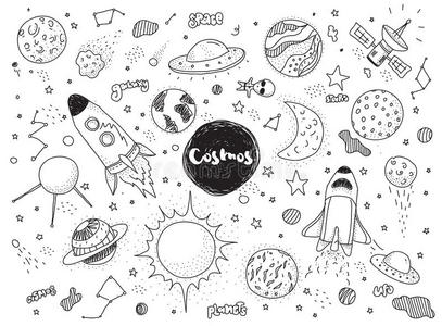 宇宙恒星宇宙物体集合. 手绘矢量涂鸦. 火箭,行星,星座,ufo,恒星等.