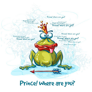眼睛 沼泽 有趣的 卡通 青蛙 自然 幸福 王冠 绘画 水塘
