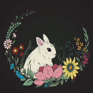 可爱的手绘兔子，花环和叶子