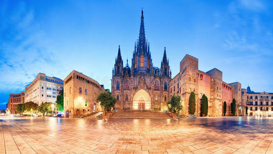 巴塞罗那大教堂巴塞罗那大教堂,夜间哥特式城市,全景照片