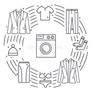 干洗和洗衣矢量物体。 具有不同服装元素的独特矢量概念洗衣机夹克裙子