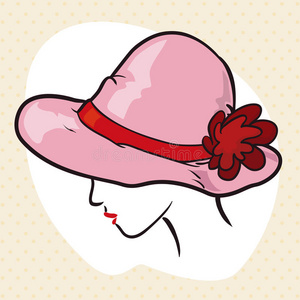 优雅的女士轮廓与优雅的粉红色帽子，矢量插图