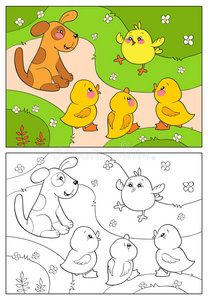 着色书。 一只黄鸡欢呼鸭子和小狗。