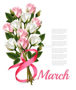 三月八日老式插图。 白色和粉红色玫瑰花束。 矢量。
