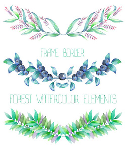 框架边缘有水彩装饰物森林元素蓝莓和树枝