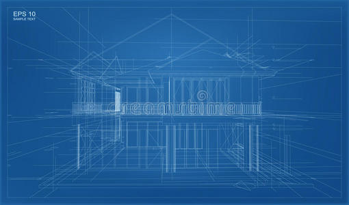 建筑线框结构的抽象三维渲染。