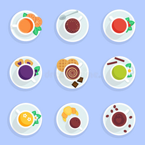 咖啡，茶，饮料和鸡尾酒平面图标设置