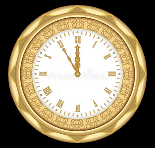 古钟的黄色金属与装饰品和罗马数字，老式孤立的物体在黑色背景。 艺术中的时钟12月