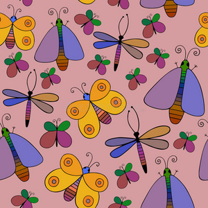 可爱的卡通昆虫集。 蜻蜓，蝴蝶。 矢量无缝图案。