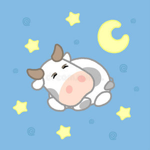 卡通可爱的牛与星星睡觉,为孩子画画.矢量插图.照片