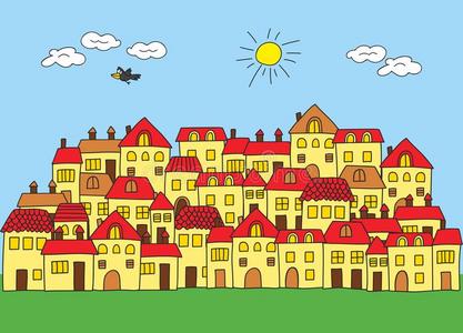 卡通风格的小镇。 有红色屋顶的房子