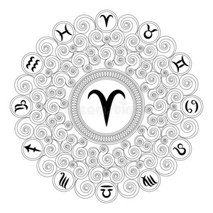 单色圆白羊座图标黑白圆形曼陀罗与十二生肖象征白羊座-成人着色书