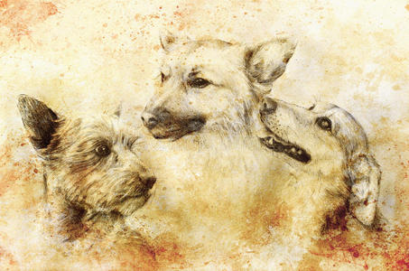 狗铅笔画在旧纸，老式纸和旧结构与色点。