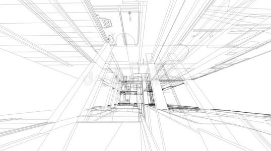 建筑线框结构的抽象三维渲染。