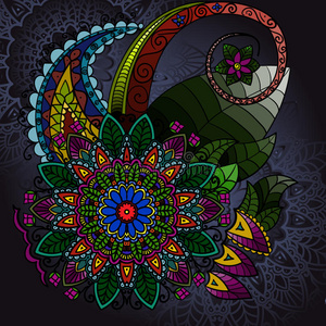 手绘曼陀罗,圆形彩色图案装饰,彩色曼陀罗装饰,曼陀罗花和叶子.