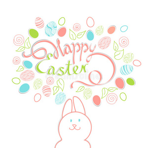 美丽的卡片上写着快乐的复活节背景上的涂鸦复活节鸡蛋，花和叶子