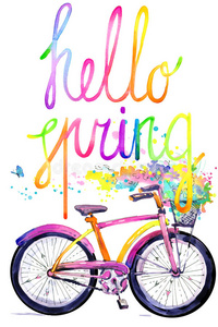 自行车。 水彩自行车和花卉背景。 你好，春天的水彩画文本。